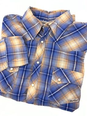 Wrangler Wrancher Pearl Snap Shirt Mens Size XL Plaid Long Sleeve Western Cowboy